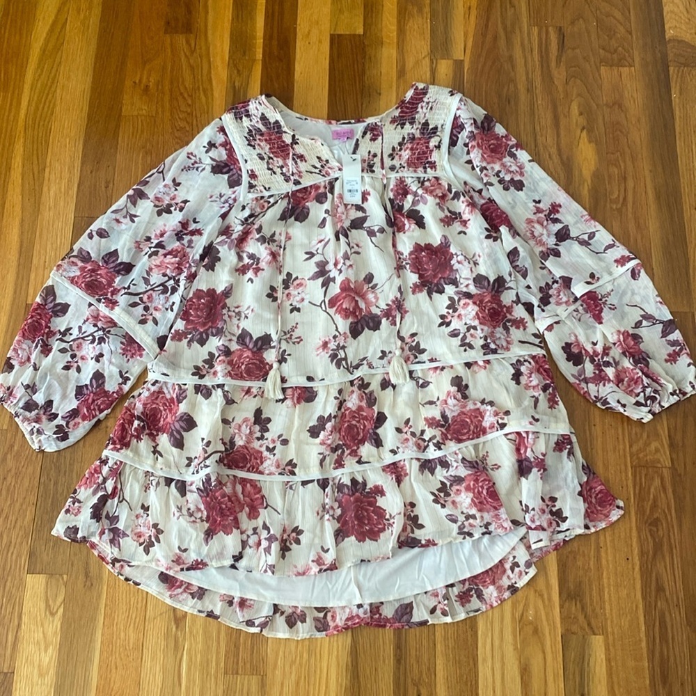 NWT Mi Ami Women’s Cream Floral Printed Long Sleeve Dress Size L